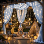 20ft x 10ft Baby Blue Chiffon Backdrop Curtain with Lights String for Parties,4 Panels Sheer Tulle Curtain, alternate view 3