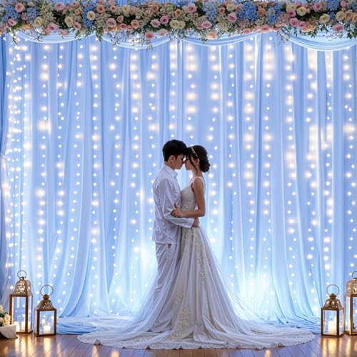 20ft x 10ft Baby Blue Chiffon Backdrop Curtain with Lights String for Parties,4 Panels Sheer Tulle Curtain, alternate view 4