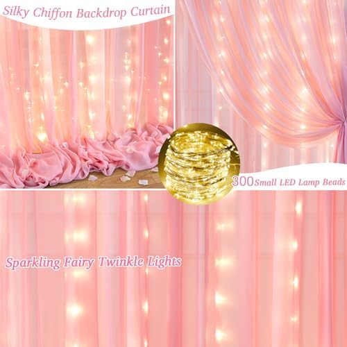 20ft x 10ft Baby Pink Chiffon Backdrop Curtain with Lights String for Parties,4 Panels Sheer Tulle Curtain, alternate view 2