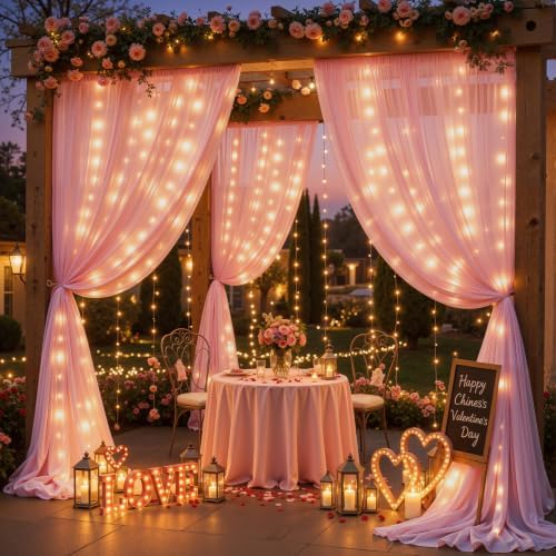 20ft x 10ft Baby Pink Chiffon Backdrop Curtain with Lights String for Parties,4 Panels Sheer Tulle Curtain, alternate view 3
