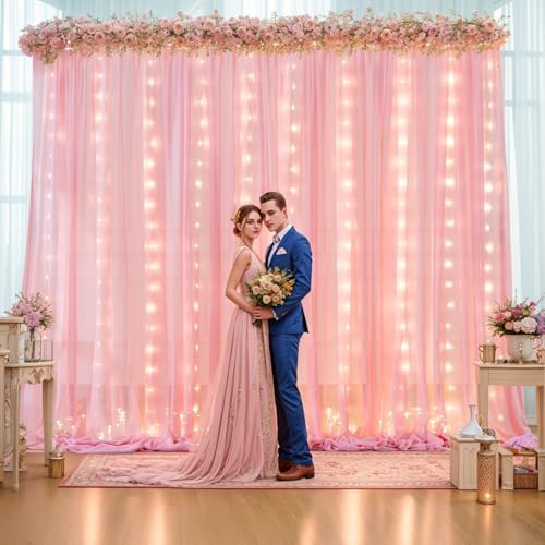 20ft x 10ft Baby Pink Chiffon Backdrop Curtain with Lights String for Parties,4 Panels Sheer Tulle Curtain, alternate view 4