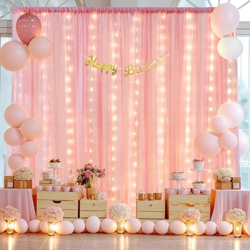 20ft x 10ft Baby Pink Chiffon Backdrop Curtain with Lights String for Parties,4 Panels Sheer Tulle Curtain, alternate view 5