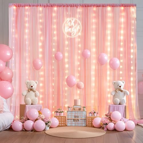 20ft x 10ft Baby Pink Chiffon Backdrop Curtain with Lights String for Parties,4 Panels Sheer Tulle Curtain, alternate view 6