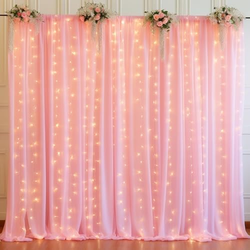 20ft x 10ft Baby Pink Chiffon Backdrop Curtain with Lights String for Parties,4 Panels Sheer Tulle Curtain, alternate view 7