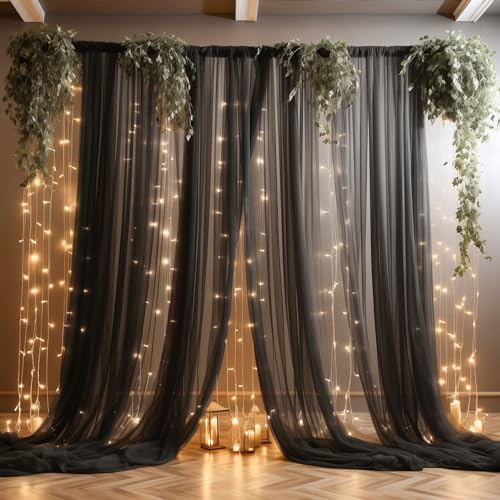 20ft x 10ft Black Backdrop Curtain with Lights String for Parties, Sheer Tulle Wedding Photo Backdrops Drapes, alternate view
