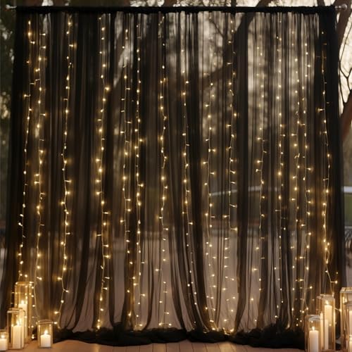 20ft x 10ft Black Backdrop Curtain with Lights String for Parties, Sheer Tulle Wedding Photo Backdrops Drapes, alternate view