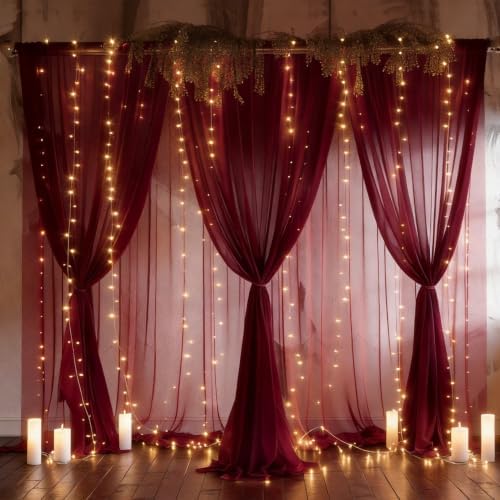 20ft x 10ft Burgundy Backdrop Curtain with Lights String for Parties, Sheer Tulle Wedding Photo Backdrops Drapes, alternate