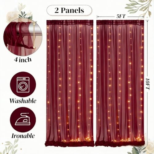 20ft x 10ft Burgundy Backdrop Curtain with Lights String for Parties, Sheer Tulle Wedding Photo Backdrops Drapes, alternate