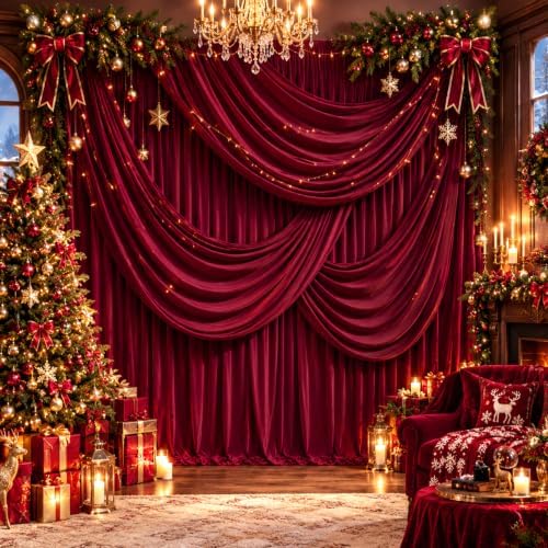 20ft x 10ft Burgundy Backdrop Curtains for Parties, 4 Panels 5ft x 10ft Wrinkle-Free Polyester Photo Backdrop