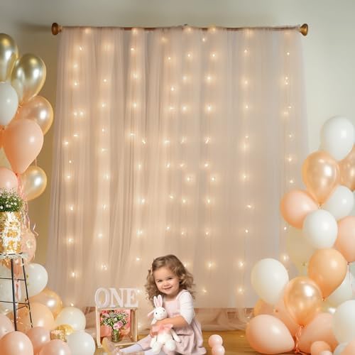 20ft x 10ft Champagne Backdrop Curtain with Lights String for Parties, Sheer Tulle Wedding Photo Backdrops, alternate view 5