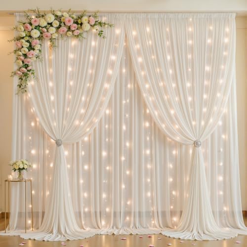 20ft x 10ft Cream White Chiffon Backdrop Curtain with Lights String for Parties,4 Panels Tulle Sheer Curtain
