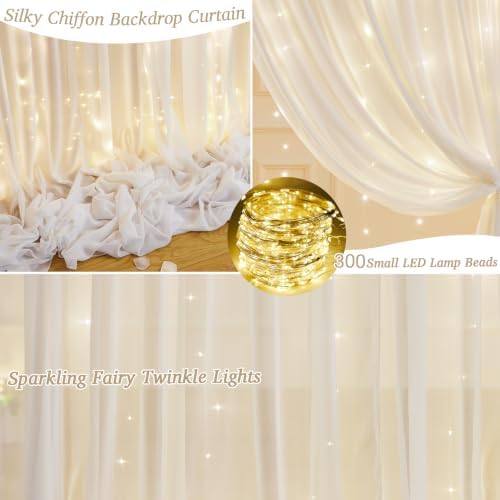 20ft x 10ft Cream White Chiffon Backdrop Curtain with Lights String for Parties,4 Panels Tulle Sheer Curtain, alternate view