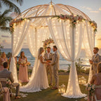20ft x 10ft Cream White Chiffon Backdrop Curtain with Lights String for Parties,4 Panels Tulle Sheer Curtain, alternate view