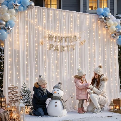 20ft x 10ft Cream White Chiffon Backdrop Curtain with Lights String for Parties,4 Panels Tulle Sheer Curtain, alternate view