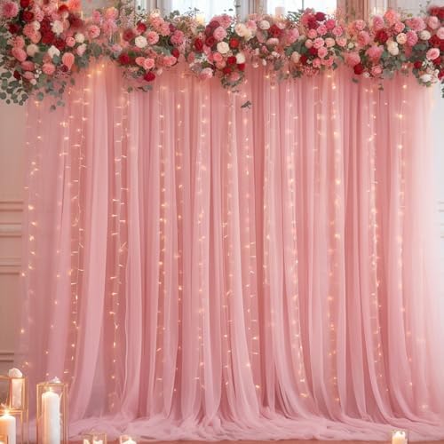 20ft x 10ft Dusty Rose Backdrop Curtain with Lights String for Parties, Sheer Tulle Wedding Photo Backdrops, alternate view 5