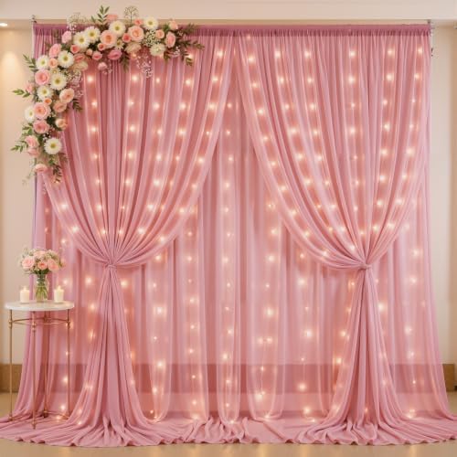 20ft x 10ft Dusty Rose Chiffon Backdrop Curtain with Lights String for Parties,4 Panels Sheer Tulle Curtain