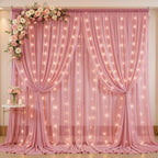 20ft x 10ft Dusty Rose Chiffon Backdrop Curtain with Lights String for Parties,4 Panels Sheer Tulle Curtain
