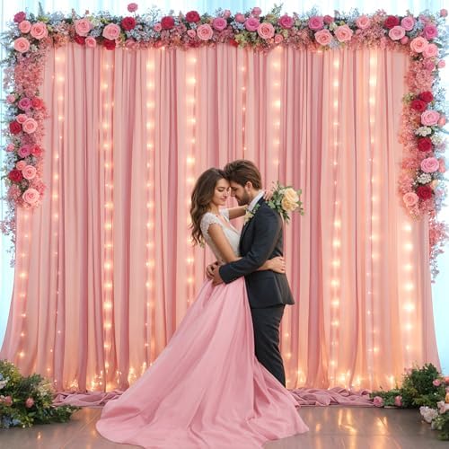 20ft x 10ft Dusty Rose Chiffon Backdrop Curtain with Lights String for Parties,4 Panels Sheer Tulle Curtain, alternate view 4