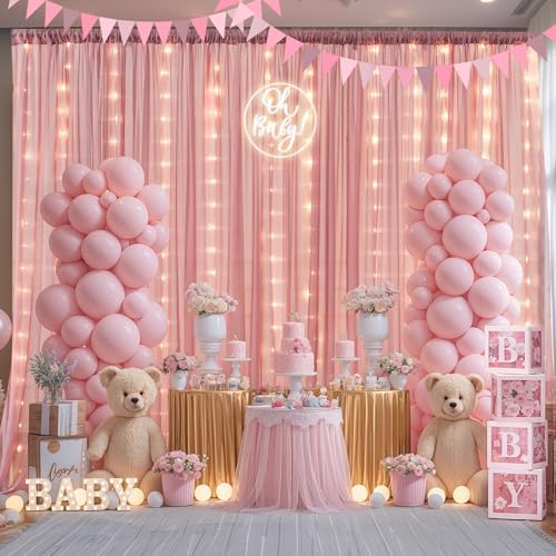 20ft x 10ft Dusty Rose Chiffon Backdrop Curtain with Lights String for Parties,4 Panels Sheer Tulle Curtain, alternate view 5