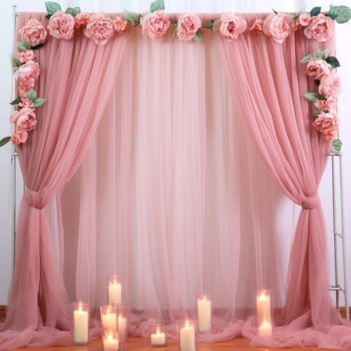 20ft X 10ft Dusty Rose Tulle Backdrop Curtain for Parites, Sheer Backdrop Curtains Fabric Drapes for Wedding