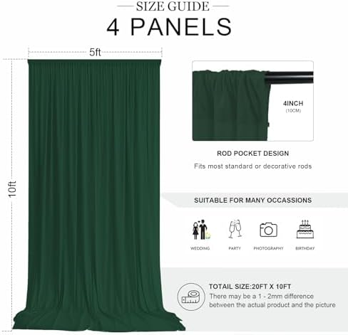 20ft x 10ft Hunter Green Backdrop Curtains for Parties, 4 Panels 5ft x 10ft Wrinkle-Free Polyester Photo, alternate view 2
