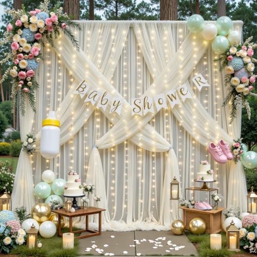 20ft x 10ft Ivory Tulle Photo Backdrop Curtain with Lights String for Parties Wedding Sheer Ivory Curtain, alternate view 2