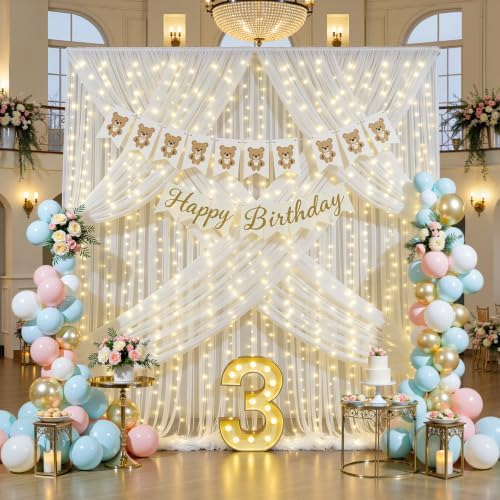 20ft x 10ft Ivory Tulle Photo Backdrop Curtain with Lights String for Parties Wedding Sheer Ivory Curtain, alternate view 3