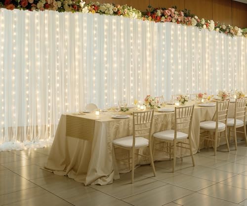 20ft x 10ft Ivory Tulle Photo Backdrop Curtain with Lights String for Parties Wedding Sheer Ivory Curtain, alternate view 6