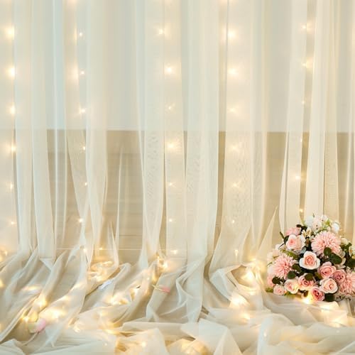20ft x 10ft Ivory Tulle Photo Backdrop Curtain with Lights String for Parties Wedding Sheer Ivory Curtain, alternate view 7