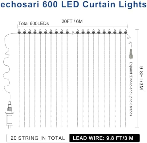 20Ft x 10Ft Large Curtain Lights Plug in, 600 LED Dual Color Changing Outdoor Curtain Lights Waterproof, alternate view 6