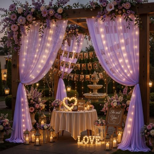 20ft x 10ft Lavender Chiffon Backdrop Curtain with Lights String for Parties,4 Panels Sheer Tulle Curtain, alternate view 3