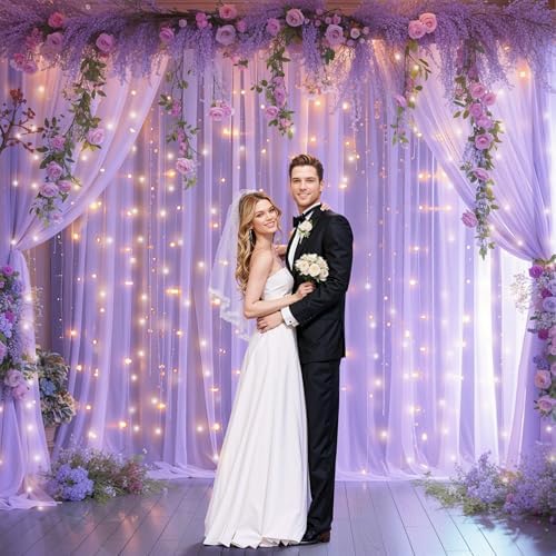 20ft x 10ft Lavender Chiffon Backdrop Curtain with Lights String for Parties,4 Panels Sheer Tulle Curtain, alternate view 5