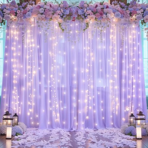 20ft x 10ft Lavender Chiffon Backdrop Curtain with Lights String for Parties,4 Panels Sheer Tulle Curtain, alternate view 6