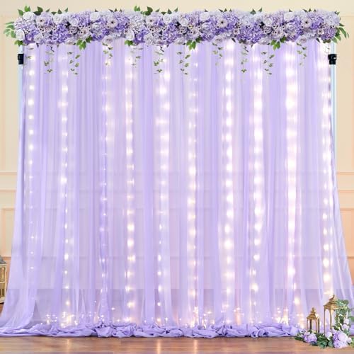 20ft x 10ft Lavender Chiffon Backdrop Curtain with Lights String for Parties,4 Panels Sheer Tulle Curtain, alternate view 7