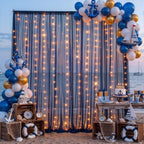 20ft x 10ft Navy Blue Backdrop Curtain with Lights String for Parties, Sheer Tulle Wedding Photo Backdrops