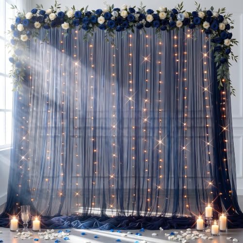20ft x 10ft Navy Blue Backdrop Curtain with Lights String for Parties, Sheer Tulle Wedding Photo Backdrops, alternate view 2