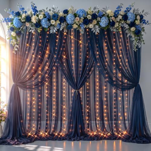 20ft x 10ft Navy Blue Backdrop Curtain with Lights String for Parties, Sheer Tulle Wedding Photo Backdrops, alternate view 5