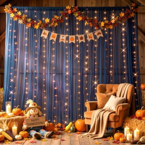 20ft x 10ft Navy Blue Backdrop Curtain with Lights String for Parties, Sheer Tulle Wedding Photo Backdrops, alternate view 6