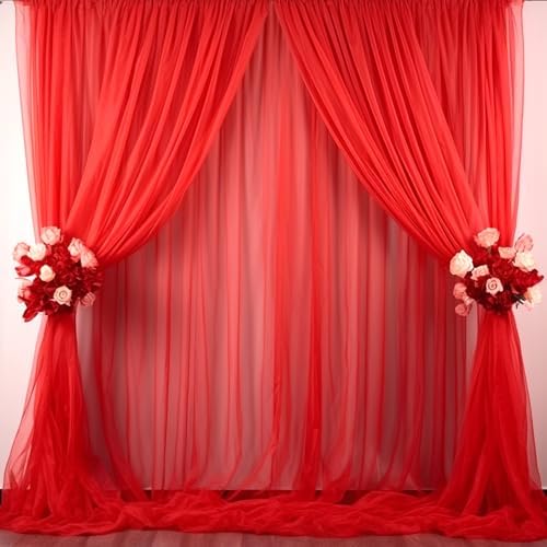 20ft X 10ft Red Tulle Backdrop Curtain for Parites, Sheer Backdrop Curtains Fabric Drapes for Wedding Ceremony