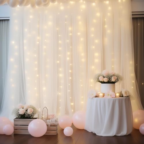20ft x 10ft White Backdrop Curtain with Lights String for Parties, Sheer Tulle Wedding Photo Backdrops Drapes, alternate view