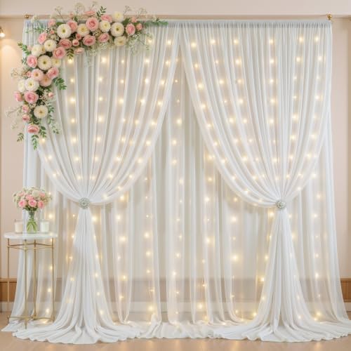 20ft x 10ft White Chiffon Backdrop Curtain with Lights String for Parties,4 Panels Sheer Tulle Curtain Wedding