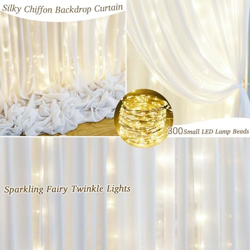 20ft x 10ft White Chiffon Backdrop Curtain with Lights String for Parties,4 Panels Sheer Tulle Curtain Wedding, alternate