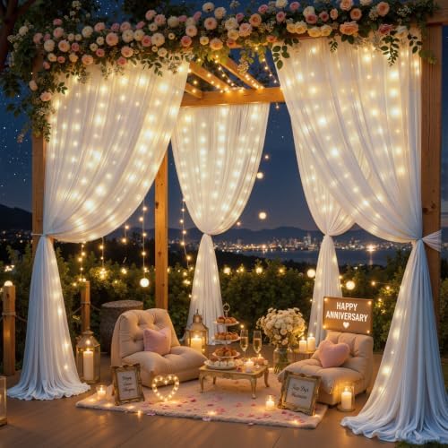 20ft x 10ft White Chiffon Backdrop Curtain with Lights String for Parties,4 Panels Sheer Tulle Curtain Wedding, alternate