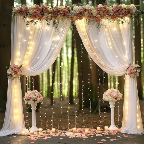 20ft x 10ft White Chiffon Backdrop Curtain with Lights String for Parties,4 Panels Sheer Tulle Curtain Wedding, alternate