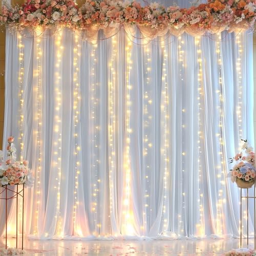 20ft x 10ft White Chiffon Backdrop Curtain with Lights String for Parties,4 Panels Sheer Tulle Curtain Wedding, alternate