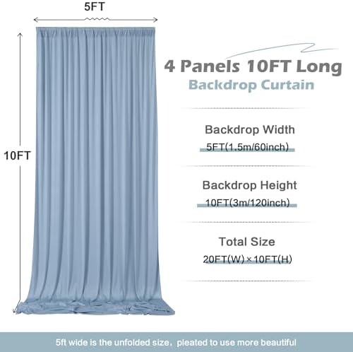 20ft x 10ft Wrinkle Free Dusty Blue Backdrop Curtain for Parties, 4 Panels 5x10ft Silky Polyester Backdrop, alternate view 6