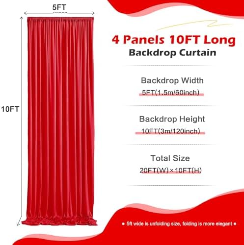 20ft x 10ft Wrinkle Free Red Backdrop Curtain for Parties, 4 Panels 5×10ft Silky Polyester Red Photo Backdrop, alternate view