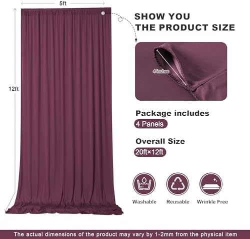 20ft x 12ft Burgundy Wrinkle-Free Backdrop Curtain for Wedding Parties, Thick Polyester 4 Panels 5x12ft for, alternate view 6