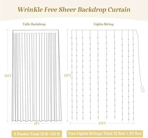 20ft x 12ft Champagne Tulle Backdrop Curtain with Lights String for Parties Wedding Bridal Shower Sheer, alternate view 4