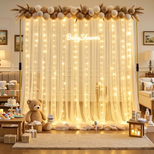 20ft x 12ft Champagne Tulle Backdrop Curtain with Lights String for Parties Wedding Bridal Shower Sheer, alternate view 5